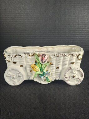 Tilso Japan's Ceramic Basket Wagon Planter Hand Painted Tulips Gold Trim